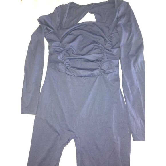 NWT Womens Jumpsuit Size L Dark Blue Ruched Square Neck Back Cutout Chic - Picture 5 of 9